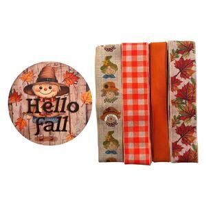 Fall Scarecrow Wreath Making Kit | Hello Fall Sign Leaves & Coordinating Ribbons